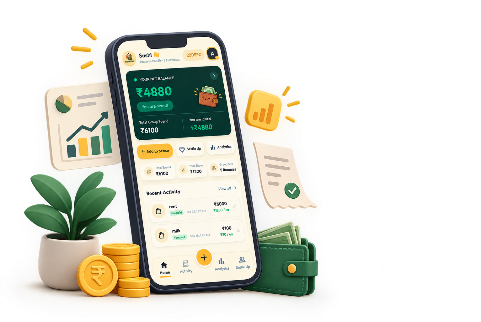 Hisabify real-time expense dashboard with balance tracking and settlement visualization