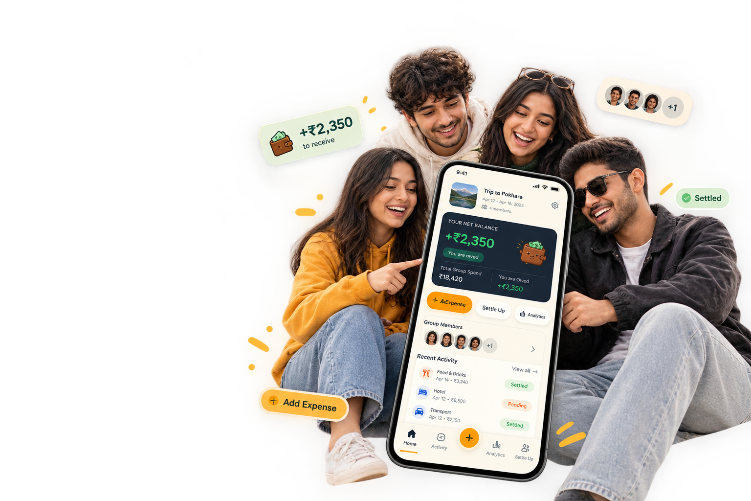 Hisabify expense splitting app interface showing roommates splitting shared bills and tracking group expenses