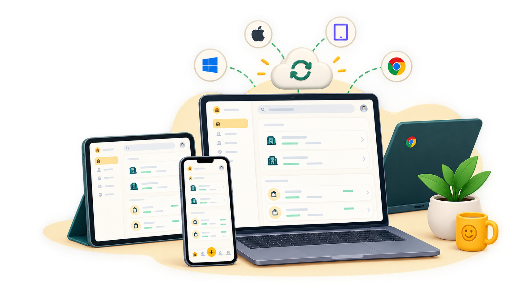 Hisabify expense tracker running across laptop, tablet, and mobile devices — any browser, any device